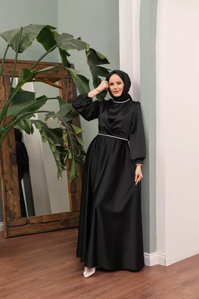 Collar Stone Satin Evening Dress - Black