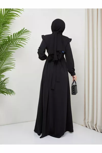 Pulsante dettagliato spalla arruffato Plus Size lungo abito da sera Hijab