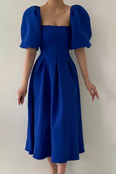 Атлас ткань без бретелек воротник плиссированный расклешенный миди длина короткий рукав баллон саксофон синее вечернее платье 