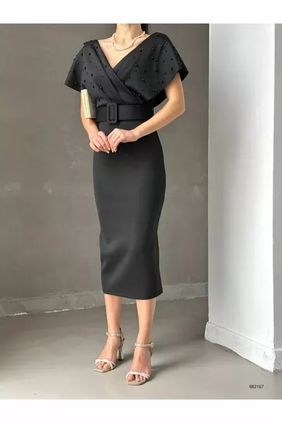 Donna nero doppiopetto collare perla dettagliata Plus Size pipistrello manica tessuto cintura Midi abito da sera