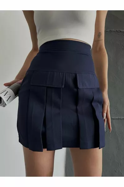 Women's Navy Blue Cargo Pocket Detailed Pleated Mini Skirt