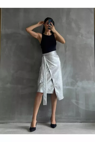 Silver Metallic Double-breasted Tie Pencil Skirt