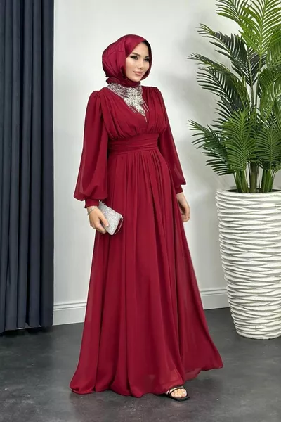 حجر مطرزة الشيفون مساء اللباس بورجوندي