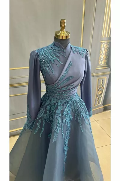 Индиго Специальный дизайн Длина Миди Вечерние Платья Хиджаб