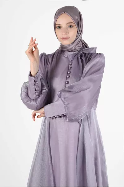 Kadın Mor Düğme Detaylı Tüllü Abiye Elbise 