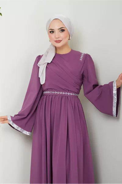 كريب مساء اللباس مع حزام الحجر أرجواني