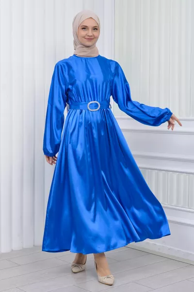 Satin Mevlana Design Belted Hijab Dress Evening Dress