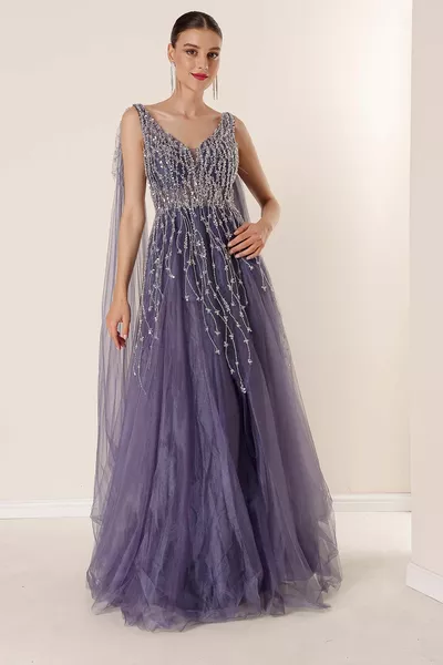 Длинное платье из тюля с завязкой сзади Вышивка пайетками из бисера на подкладке ИНДИГО