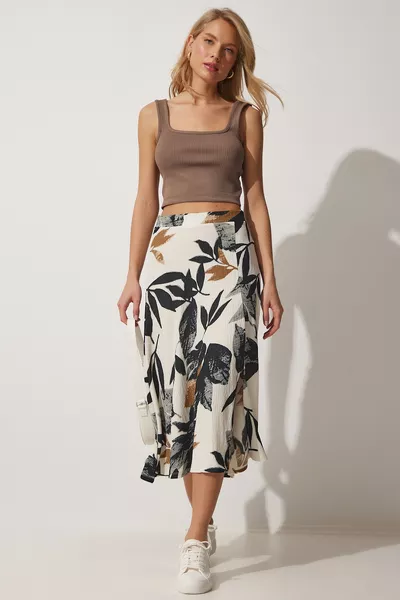 Women's Çağla Green Cream Patterned Summer Knitted Skirt with Slits  