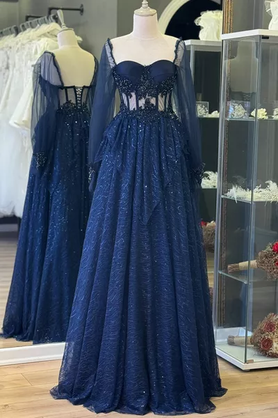 Marineblauer Paillettenrock aus Spitze und besticktes Maxi-Abendkleid/Verlobungskleid mit Spitzendetail