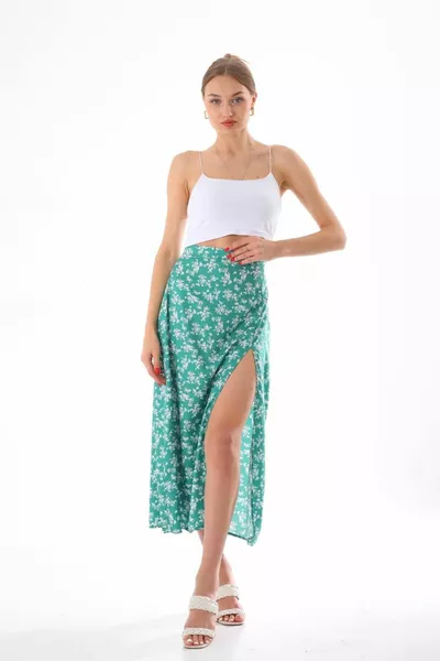 Langer Rock mit elastischer Taille und Schlitzen mit Blumenmuster