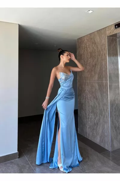 دينا الثدي التطريز التفاصيل الساتان مساء اللباس INDIGO