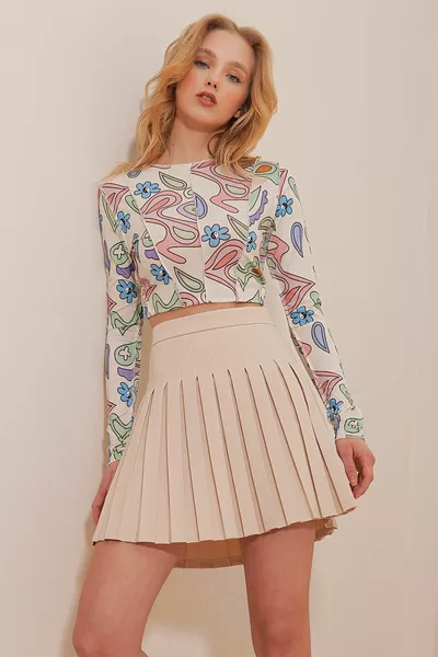 Beige stijlvolle geplooide minirok met ritssluiting voor dames 