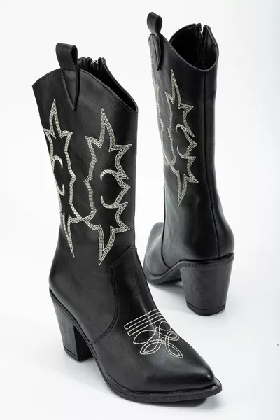 Schwarze Cowboystiefel für Damen Bestickte stilvolle Westler