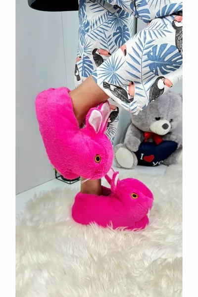 Women's Panduf Rabbit Figure Fuchsia Plush House Boots Patterned Flat Sole Comfortable Lightweight 