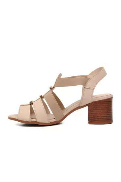Y Beige Genuine Leather Women's Heeled Sandals