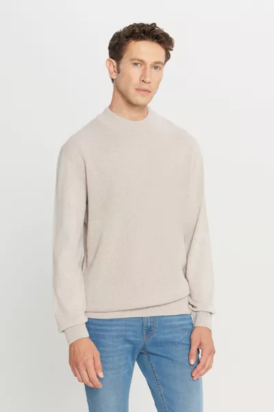 كنزة صوف قطنية للرجال بلون بيج، قياس عادي، قصة عادية، بياقة نصف حورية