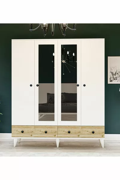 خزانة ملابس بيضاء-أتلانتيك من خشب الصنوبر، بأربعة أبواب، درجين، مقابض زر، ومرآة