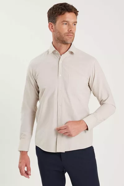 Мъжка риза Regular Fit, класическо прязване, памучна, лесна за гладене, с райета, бежова