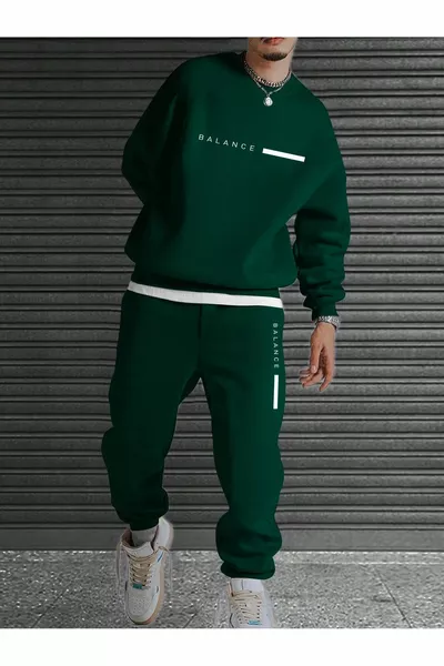 Unisex Olive Green Tracksuit Set with BALANCE Print and Fleece Lining