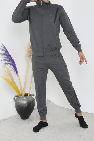 طقم رياضي رجالي بسحاب ولون رمادي داكن