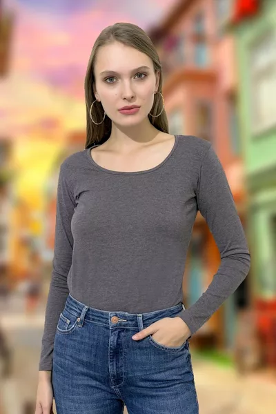 Rokersgrijs Bodysuit met Lange Mouwen, Brede Hals en Regular Fit