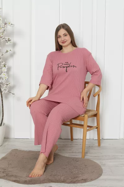 طقم بيجامة نسائية مقاس كبير لون قرع وردي