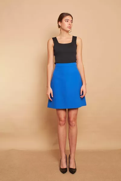 Jupe évasée mi-longue taille haute en tissu léger extensible - Bleu clair