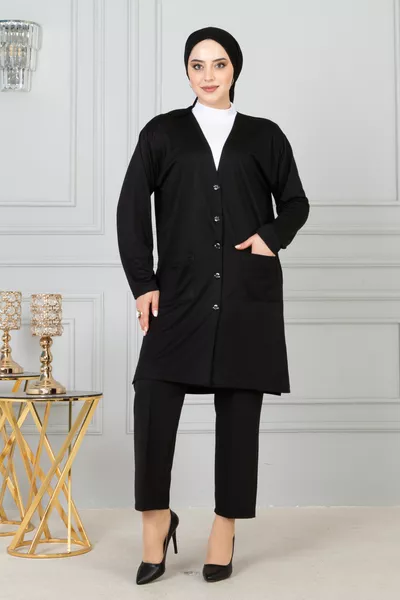 Women's Black Long Slim Cotton Cardigan