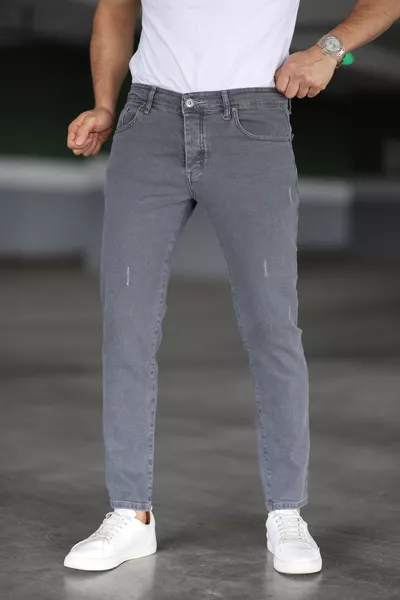 بنطال جينز رجالي رمادي ضيق بقصة ساق نحيفة ومزود بتقنية الليزر