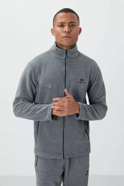 بدلة رجالية من البولار بلون رمادي ممزوج، بياقة عالية، سحاب، جيوب، مقاس قياسي - 