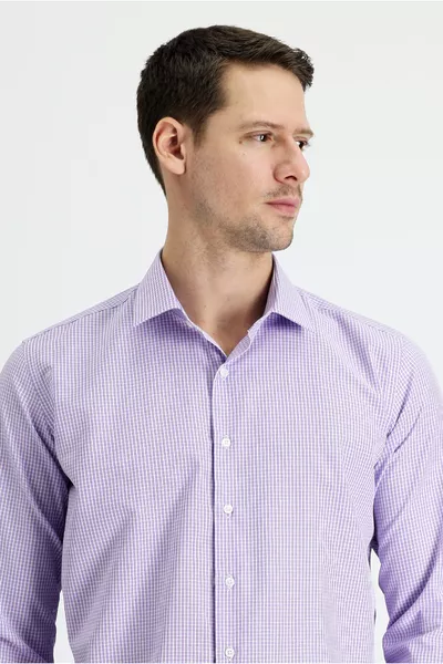 Риза с дълъг ръкав, тънка кройка, права, каре, памучна, лесна за гладене