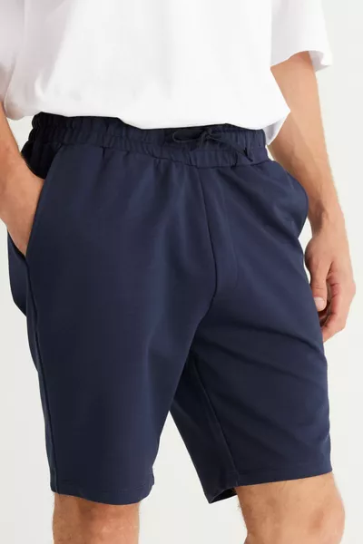 Short en coton tricoté avec poches pour hommes, coupe normale, couleur bleu marine