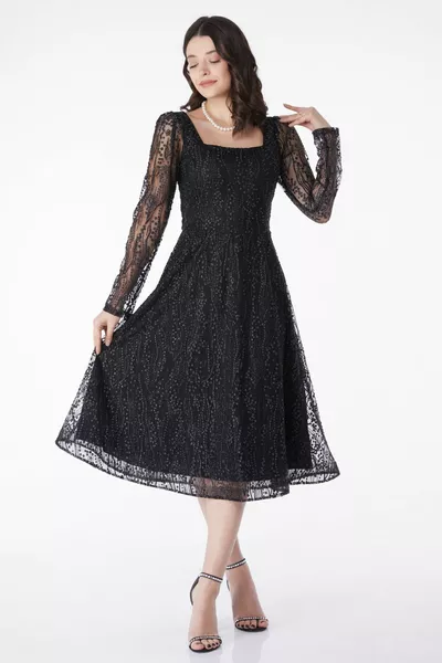 Прав среден дамски черен дълъг ръкав Midi Elbse - 