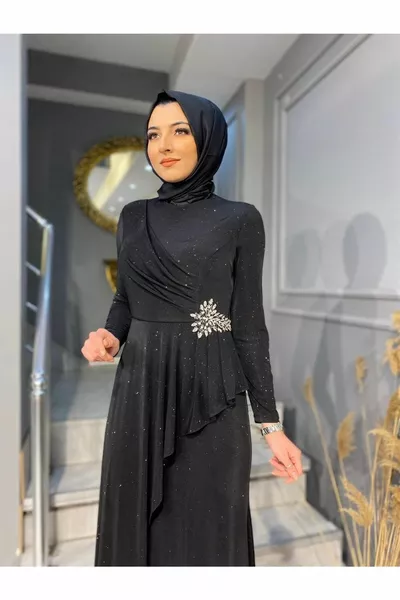 Abito da sera hijab in tessuto glitter e lycra con dettaglio ricamo pietra in vita