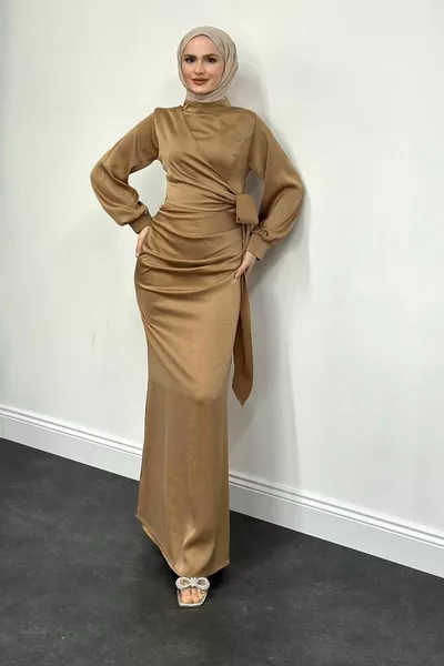 أورليندا الستارة التفاصيل السمك الساتان مساء اللباس المنك