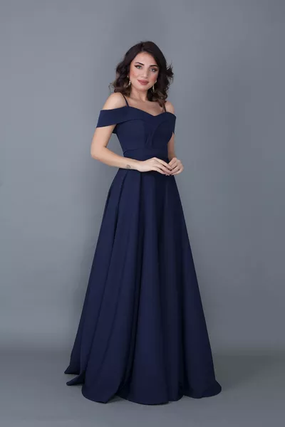 Da donna Con cinturino Spalla scesa Dettaglio Maxi Size Abito da sera svasato blu navy Abito di fidanzamento e laurea