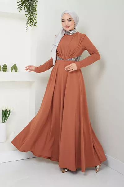 Pailletten Gedetailleerde Geplooide Avondjurk Tan