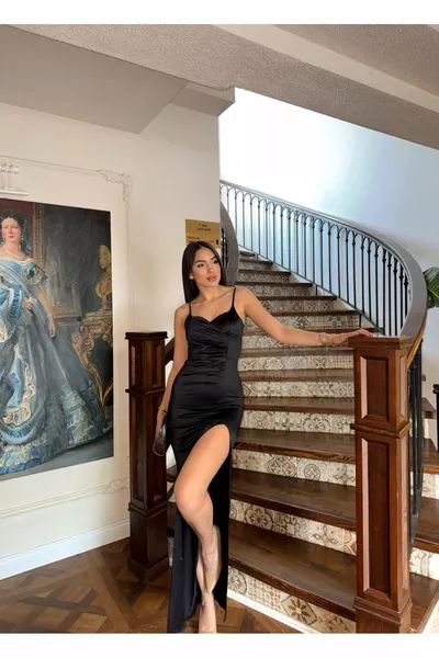 Siete Rope Strap Satin Robe de Soirée NOIR