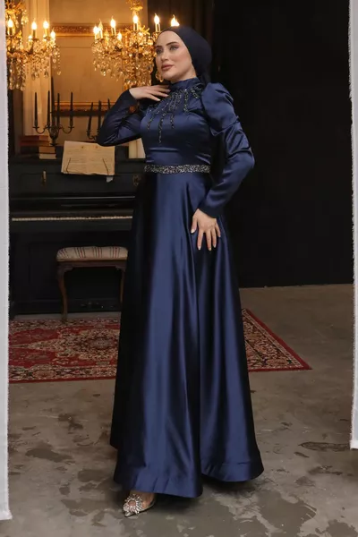 Lacivert Hakim Yaka Taş İşlemeli Saten Abiye