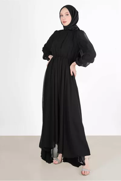 Schwarzes Damen-Abendkleid in Plissee-Optik mit geraffter Taille 