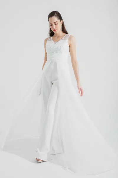 Weißer Chiffon-Abendkleid-Jumpsuit für Damen