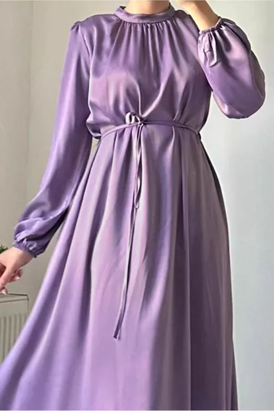 Women's Purple (Lila) Belted Satin Evening Dress T 