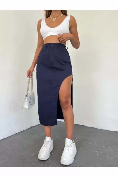 Дамска дънкова пола с висока талия със странична цепка миди дължина