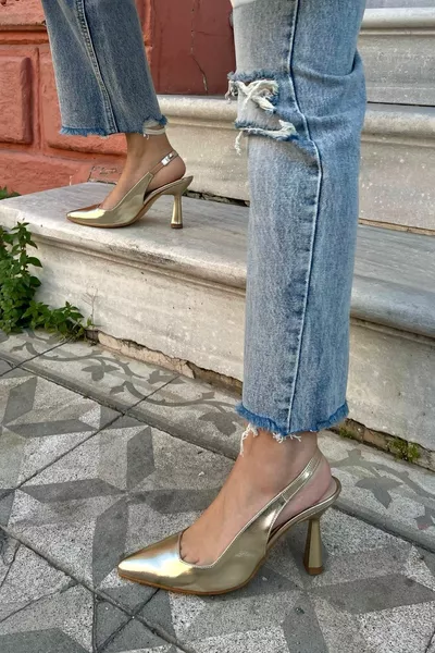 Funken Metallic Haut Gold Dore Gold Gelb Spitze Zehen Rücken Offen Stiletto Abendkleid Heels Damen Schuhe