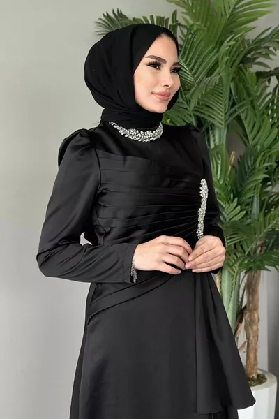 Gögüs Şık Detaylı Saten Abiye Siyah