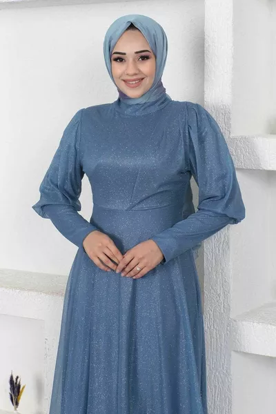 Cuff Zipper Detailed Glitter Evening Dress Blue 