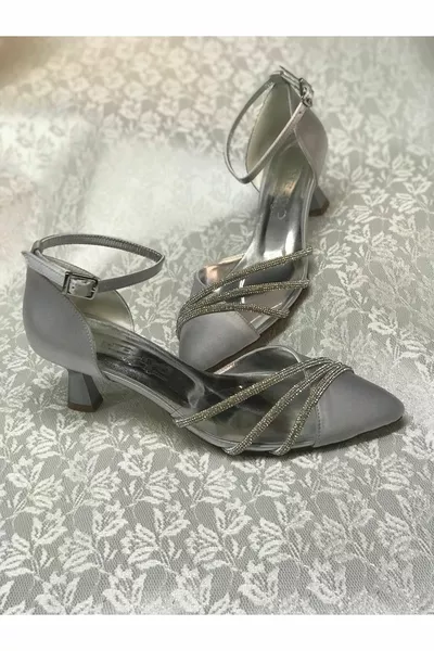 Silver Satin Stone Evening Shoes