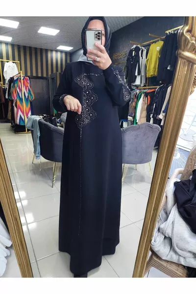 كريب النسيج مساء اللباس الحجر مساء اللباس الحجاب المرأة اللباس الأسود