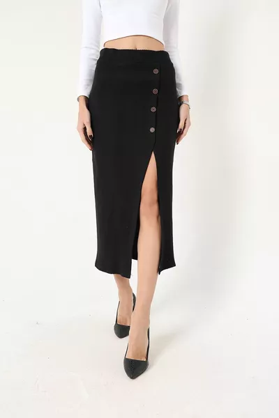 Jupe mi-longue détaillée à fente et bouton taille haute pour femme